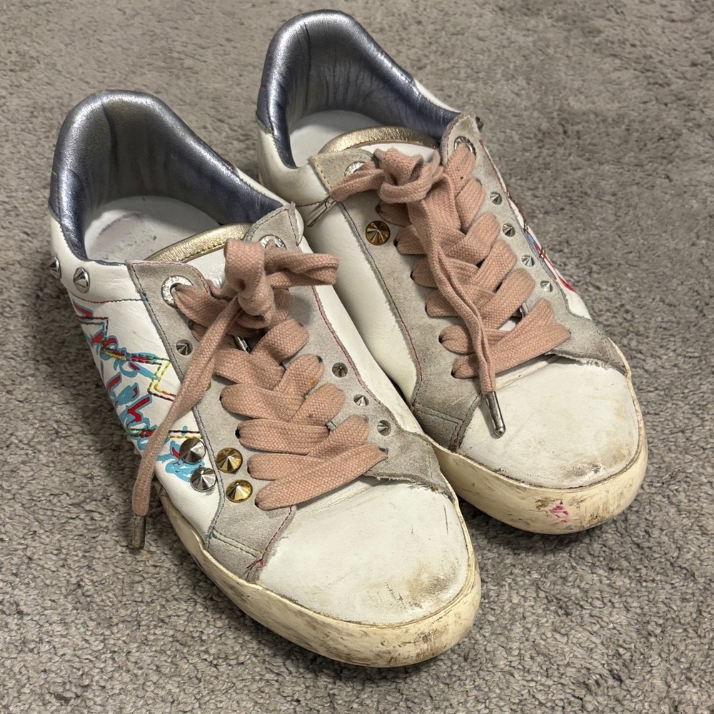 Zadig & Voltaire White and Pink Sneakers with Silver Accents